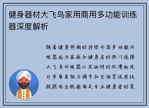 健身器材大飞鸟家用商用多功能训练器深度解析