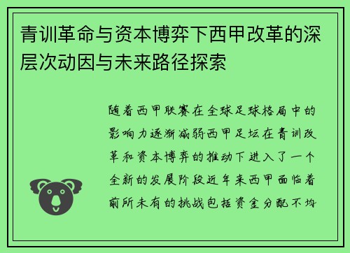 青训革命与资本博弈下西甲改革的深层次动因与未来路径探索