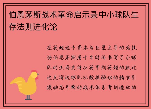 伯恩茅斯战术革命启示录中小球队生存法则进化论