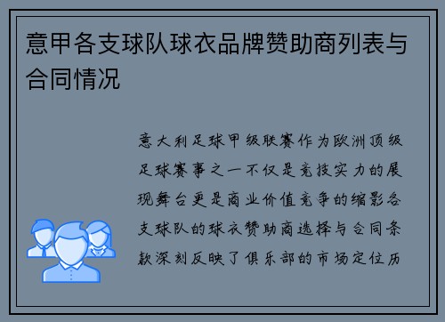 意甲各支球队球衣品牌赞助商列表与合同情况