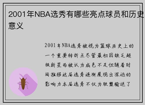 2001年NBA选秀有哪些亮点球员和历史意义